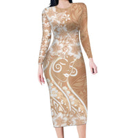 Polynesian Women's Day Family Matching Long Sleeve Bodycon Dress and Hawaiian Shirt Brown Hibiscus Flowers With Polynesian Pattern LT05 Mom's Dress Brown - Polynesian Pride