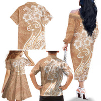 Polynesian Women's Day Family Matching Off The Shoulder Long Sleeve Dress and Hawaiian Shirt Brown Hibiscus Flowers With Polynesian Pattern LT05 - Polynesian Pride