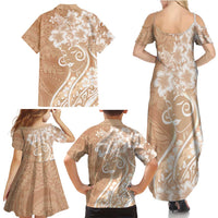 Polynesian Women's Day Family Matching Summer Maxi Dress and Hawaiian Shirt Brown Hibiscus Flowers With Polynesian Pattern