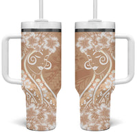 Polynesian Women's Day Tumbler With Handle Brown Hibiscus Flowers With Polynesian Pattern