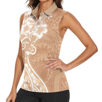 Polynesian Women's Day Women Sleeveless Polo Shirt Brown Hibiscus Flowers With Polynesian Pattern