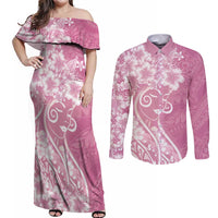 Polynesian Women's Day Couples Matching Off Shoulder Maxi Dress and Long Sleeve Button Shirt Pink Hibiscus Flowers With Polynesian Pattern