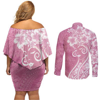 Polynesian Women's Day Couples Matching Off Shoulder Short Dress and Long Sleeve Button Shirt Pink Hibiscus Flowers With Polynesian Pattern