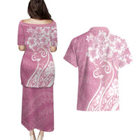 Polynesian Women's Day Couples Matching Puletasi and Hawaiian Shirt Pink Hibiscus Flowers With Polynesian Pattern