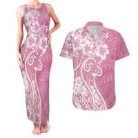 Polynesian Women's Day Couples Matching Tank Maxi Dress and Hawaiian Shirt Pink Hibiscus Flowers With Polynesian Pattern