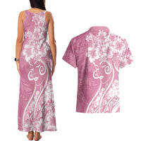 Polynesian Women's Day Couples Matching Tank Maxi Dress and Hawaiian Shirt Pink Hibiscus Flowers With Polynesian Pattern