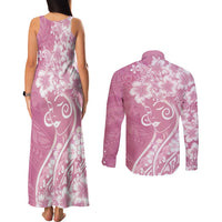 Polynesian Women's Day Couples Matching Tank Maxi Dress and Long Sleeve Button Shirt Pink Hibiscus Flowers With Polynesian Pattern