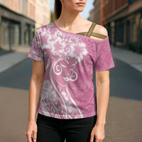 Polynesian Women's Day Cross Shoulder Shirt Pink Hibiscus Flowers With Polynesian Pattern