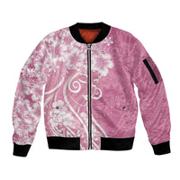 Polynesian Women's Day Sleeve Zip Bomber Jacket Pink Hibiscus Flowers With Polynesian Pattern