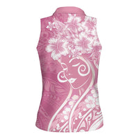 Polynesian Women's Day Women Sleeveless Polo Shirt Pink Hibiscus Flowers With Polynesian Pattern
