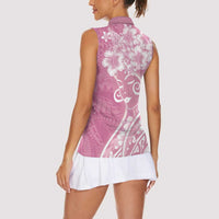 Polynesian Women's Day Women Sleeveless Polo Shirt Pink Hibiscus Flowers With Polynesian Pattern