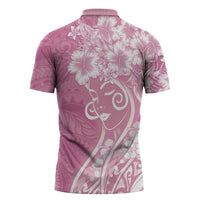 Polynesian Women's Day Zipper Polo Shirt Pink Hibiscus Flowers With Polynesian Pattern