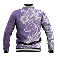 Polynesian Women's Day Baseball Jacket Purple Hibiscus Flowers With Polynesian Pattern