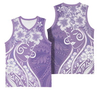 Polynesian Women's Day Basketball Jersey Purple Hibiscus Flowers With Polynesian Pattern