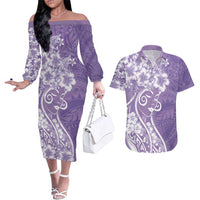 Polynesian Women's Day Couples Matching Off The Shoulder Long Sleeve Dress and Hawaiian Shirt Purple Hibiscus Flowers With Polynesian Pattern
