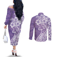 Polynesian Women's Day Couples Matching Off The Shoulder Long Sleeve Dress and Long Sleeve Button Shirt Purple Hibiscus Flowers With Polynesian Pattern