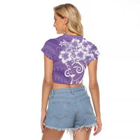 Polynesian Women's Day Raglan Cropped T Shirt Purple Hibiscus Flowers With Polynesian Pattern