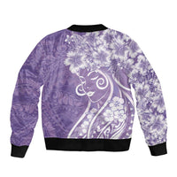 Polynesian Women's Day Sleeve Zip Bomber Jacket Purple Hibiscus Flowers With Polynesian Pattern