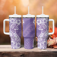 Polynesian Women's Day Tumbler With Handle Purple Hibiscus Flowers With Polynesian Pattern