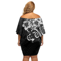 Polynesian Women's Day Family Matching Off Shoulder Short Dress and Hawaiian Shirt Black Hibiscus Flowers With Polynesian Pattern