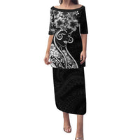 Polynesian Women's Day Family Matching Puletasi and Hawaiian Shirt Black Hibiscus Flowers With Polynesian Pattern