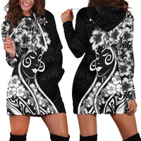 Polynesian Women's Day Hoodie Dress Black Hibiscus Flowers With Polynesian Pattern
