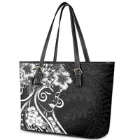 Polynesian Women's Day Leather Tote Bag Black Hibiscus Flowers With Polynesian Pattern