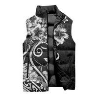 Polynesian Women's Day Sleeveless Puffer Jacket Black Hibiscus Flowers With Polynesian Pattern