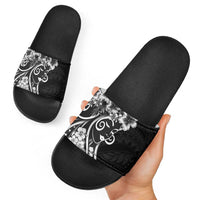 Polynesian Women's Day Slide Sandals Black Hibiscus Flowers With Polynesian Pattern