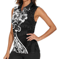 Polynesian Women's Day Women Sleeveless Polo Shirt Black Hibiscus Flowers With Polynesian Pattern