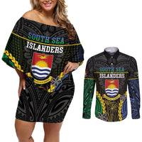 Personalised South Sea Islanders And Gilbert Islands Couples Matching Off Shoulder Short Dress and Long Sleeve Button Shirt Kanakas Polynesian Pattern LT05 Black - Polynesian Pride