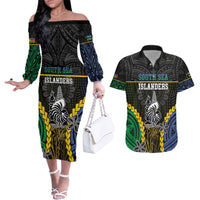 Personalised South Sea Islanders And New Caledonia Couples Matching Off The Shoulder Long Sleeve Dress and Hawaiian Shirt Kanakas Polynesian Pattern LT05 Black - Polynesian Pride