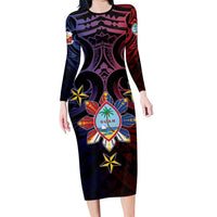 Philippines Guam Family Matching Long Sleeve Bodycon Dress and Hawaiian Shirt Filipino Sun With Guaman Seal LT05 Mom's Dress Blue - Polynesian Pride