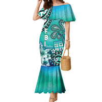 Fiji Born Indian Family Matching Mermaid Dress and Hawaiian Shirt Palm Paisley With Tapa Pattern LT05 Mom's Dress Aqua - Polynesian Pride