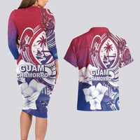 Guam Gadao Couples Matching Long Sleeve Bodycon Dress and Hawaiian Shirt Hafa Adai Micronesian Tribal Pattern