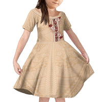Tonga Language Week Family Matching Puletasi and Hawaiian Shirt Hibiscus Tongan Ngatu Pattern LT05 Daughter's Dress Beige - Polynesian Pride