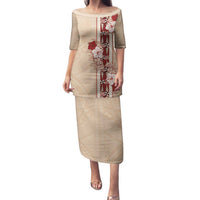 Tonga Language Week Family Matching Puletasi and Hawaiian Shirt Hibiscus Tongan Ngatu Pattern LT05 Mom's Dress Beige - Polynesian Pride