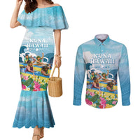 Hawaii Outrigger Canoe Race Couples Matching Mermaid Dress and Long Sleeve Button Shirt Polynesian Style Watercolor Style