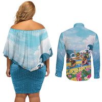Hawaii Outrigger Canoe Race Couples Matching Off Shoulder Short Dress and Long Sleeve Button Shirt Polynesian Style Watercolor Style