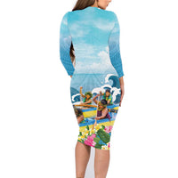 Hawaii Outrigger Canoe Race Family Matching Long Sleeve Bodycon Dress and Hawaiian Shirt Polynesian Style Watercolor Style LT05 - Polynesian Pride