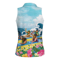 Hawaii Outrigger Canoe Race Women Sleeveless Polo Shirt Polynesian Style Watercolor Style