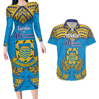 Personalised Tuvalu Independence Day Couples Matching Long Sleeve Bodycon Dress and Hawaiian Shirt Coat Of Arms With Polynesian Dolphin Tattoo LT05 Blue - Polynesian Pride