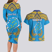 Personalised Tuvalu Independence Day Couples Matching Long Sleeve Bodycon Dress and Hawaiian Shirt Coat Of Arms With Polynesian Dolphin Tattoo LT05 - Polynesian Pride