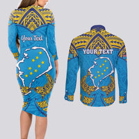 Personalised Tuvalu Independence Day Couples Matching Long Sleeve Bodycon Dress and Long Sleeve Button Shirt Coat Of Arms With Polynesian Dolphin Tattoo LT05 - Polynesian Pride