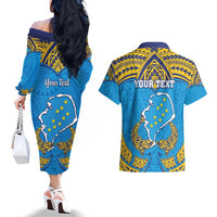 Personalised Tuvalu Independence Day Couples Matching Off The Shoulder Long Sleeve Dress and Hawaiian Shirt Coat Of Arms With Polynesian Dolphin Tattoo LT05 - Polynesian Pride