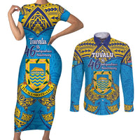 Personalised Tuvalu Independence Day Couples Matching Short Sleeve Bodycon Dress and Long Sleeve Button Shirt Coat Of Arms With Polynesian Dolphin Tattoo LT05 Blue - Polynesian Pride