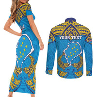Personalised Tuvalu Independence Day Couples Matching Short Sleeve Bodycon Dress and Long Sleeve Button Shirt Coat Of Arms With Polynesian Dolphin Tattoo LT05 - Polynesian Pride