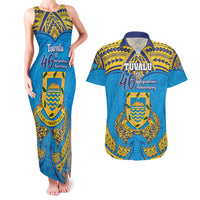 Personalised Tuvalu Independence Day Couples Matching Tank Maxi Dress and Hawaiian Shirt Coat Of Arms With Polynesian Dolphin Tattoo LT05 Blue - Polynesian Pride
