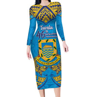 Personalised Tuvalu Independence Day Family Matching Long Sleeve Bodycon Dress and Hawaiian Shirt Coat Of Arms With Polynesian Dolphin Tattoo LT05 Mom's Dress Blue - Polynesian Pride