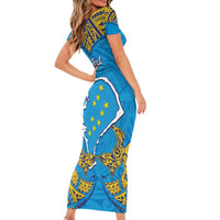 Personalised Tuvalu Independence Day Short Sleeve Bodycon Dress Coat Of Arms With Polynesian Dolphin Tattoo LT05 - Polynesian Pride